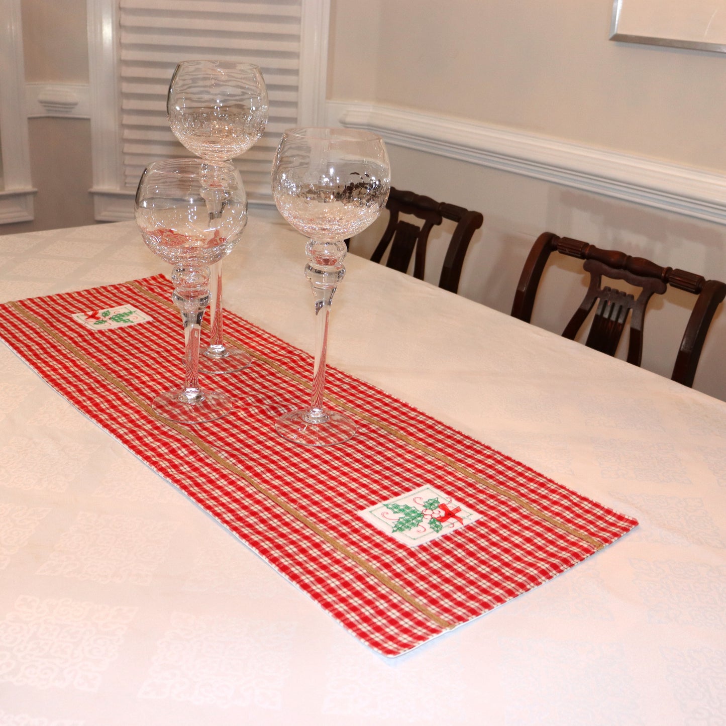 Red Table Runner Green Christmas Holly Embroidery