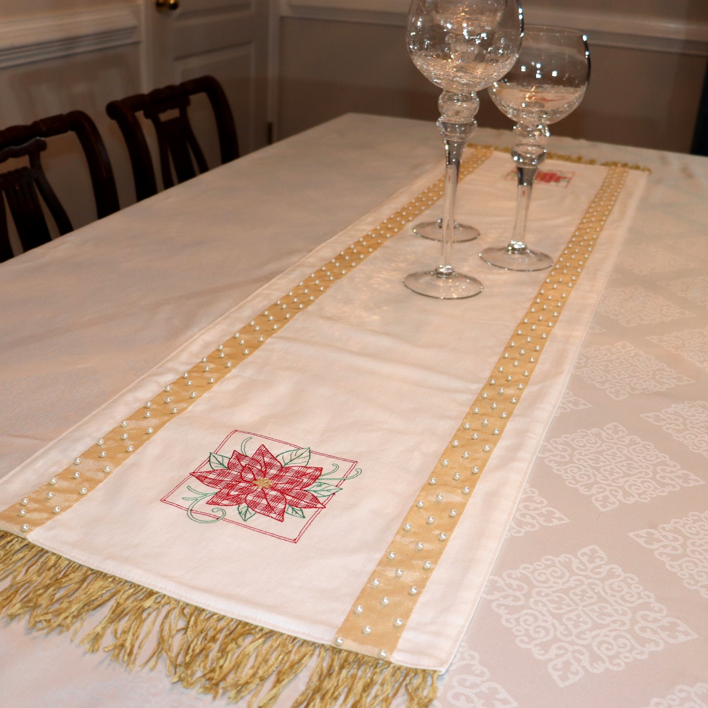 White Table Runner Christmas Red Poinsettia Embroidery