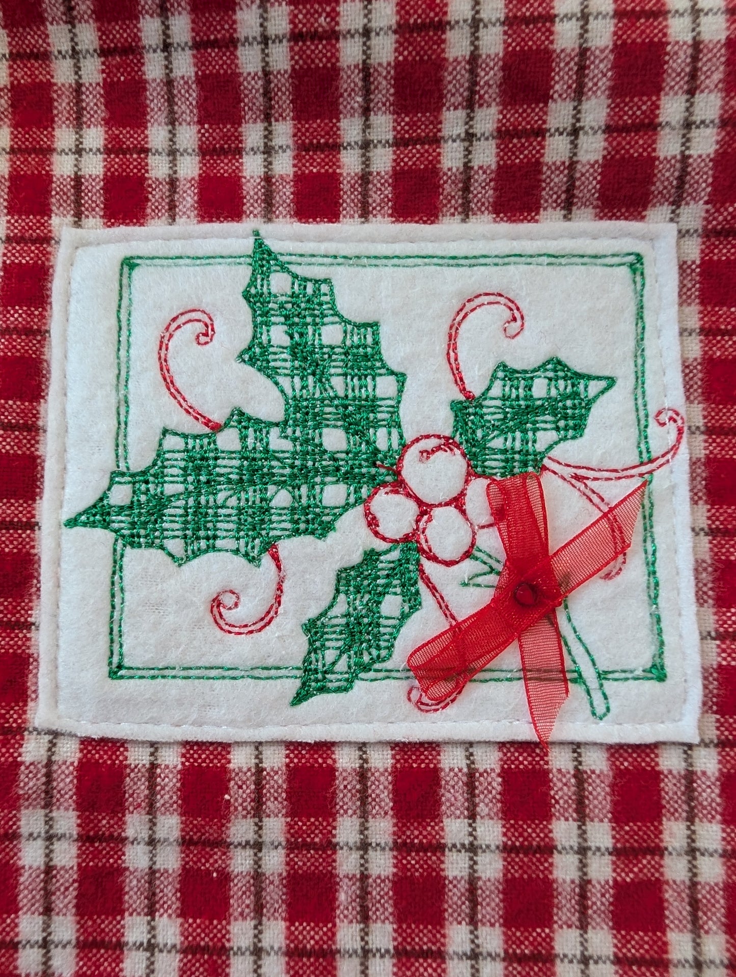 Red Table Runner Green Christmas Holly Embroidery