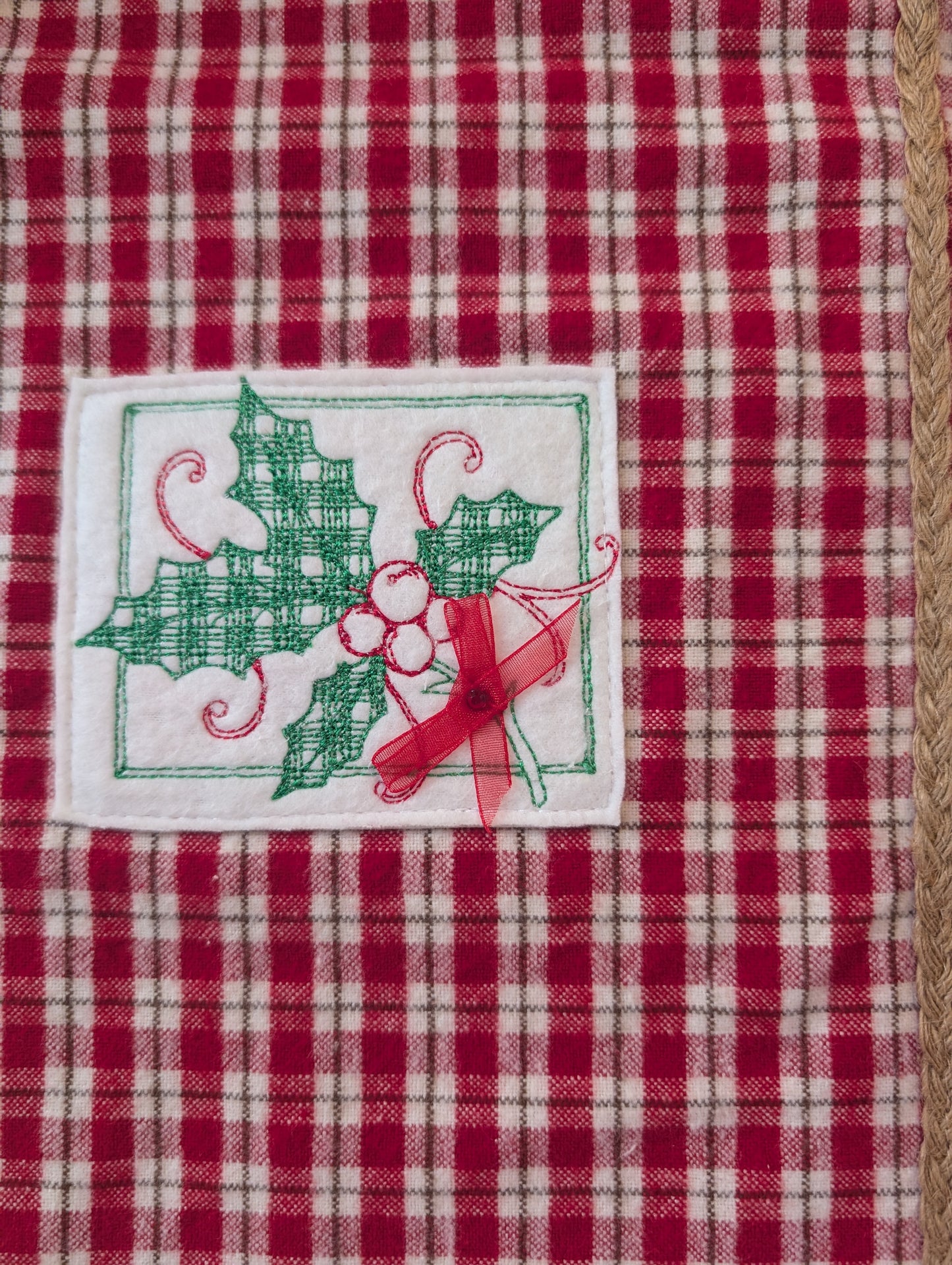 Red Table Runner Green Christmas Holly Embroidery