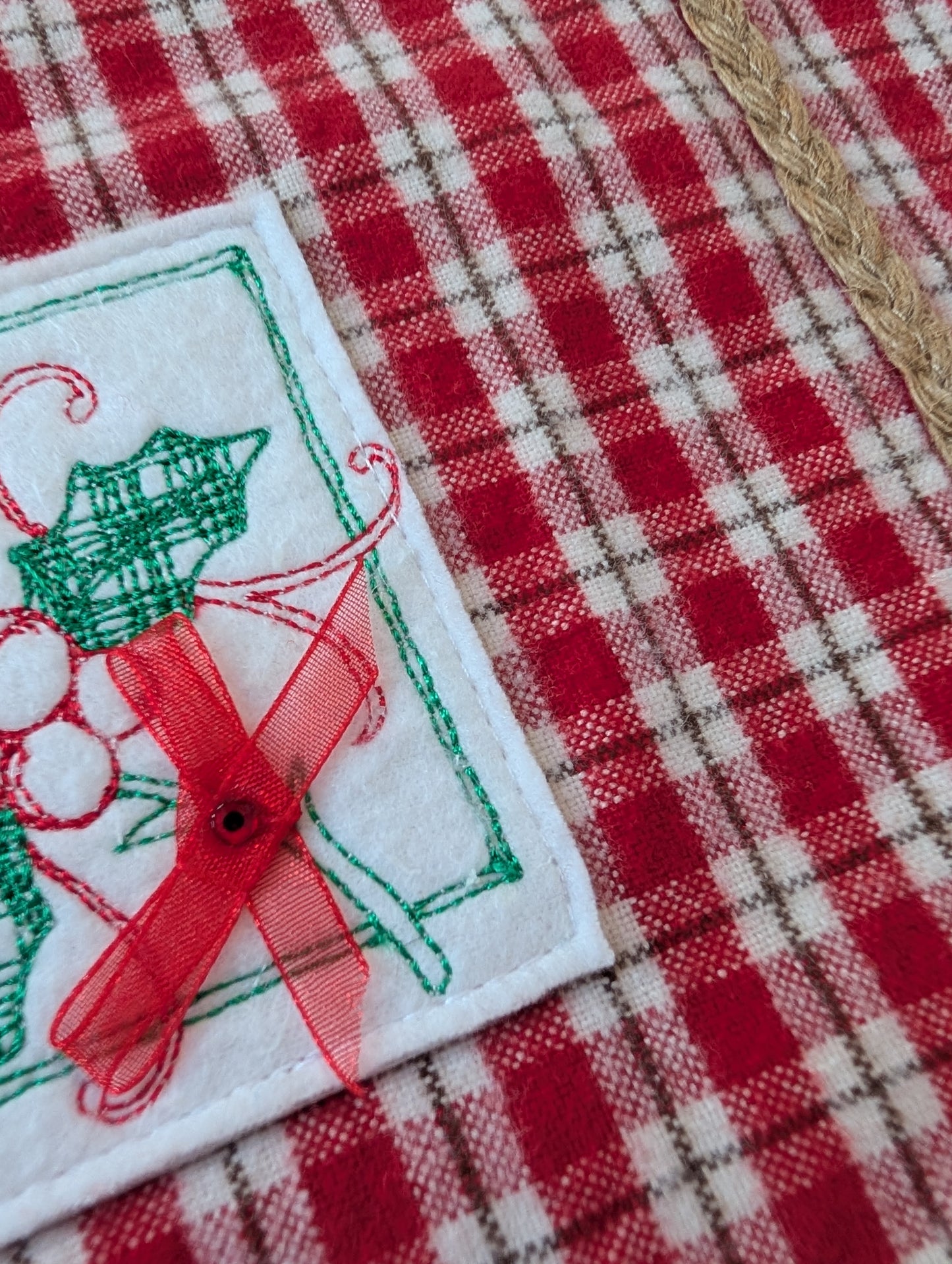 Red Table Runner Green Christmas Holly Embroidery