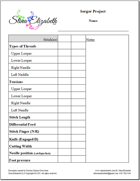Serger Sewing Project Template Printable