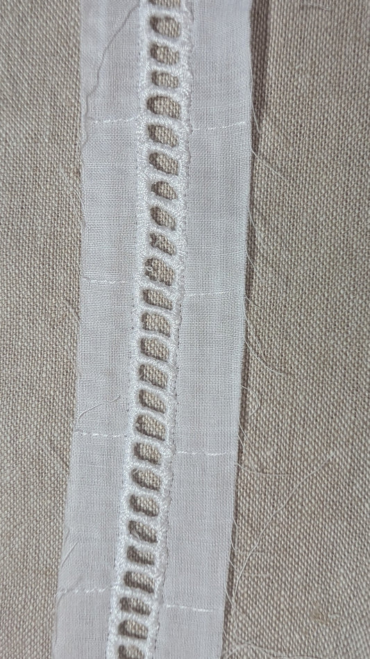 Close-up of ladder beading heirloom trim in white from Martha Pullen. Also called faggoting.