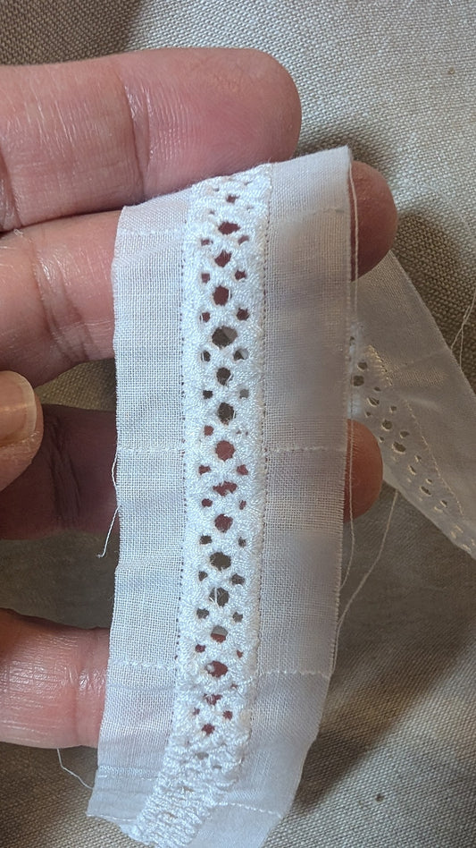 Close-up Swiss Cotton embroidery trim from Martha Pullen in white.