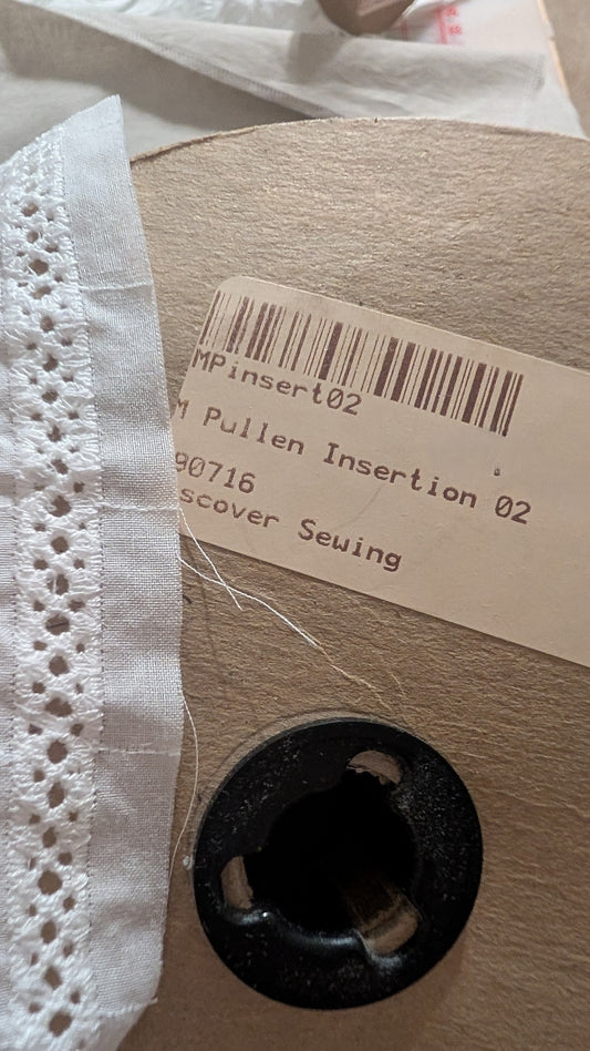 Close-up Swiss Cotton embroidery trim from Martha Pullen in white with product label
