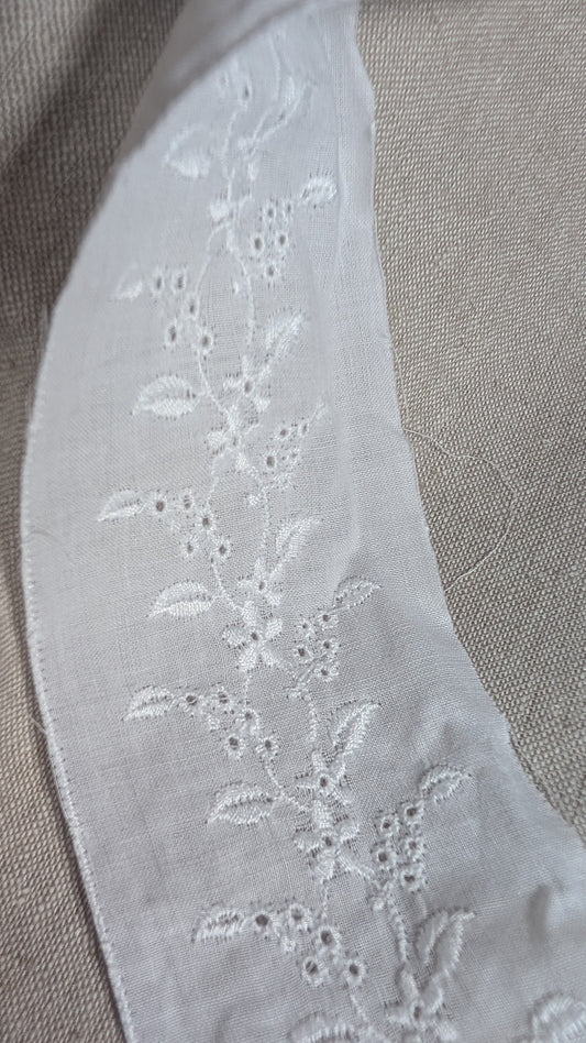 Close-up of Swiss embroidery cotton trim in white from Martha Pullen showing floral motif 