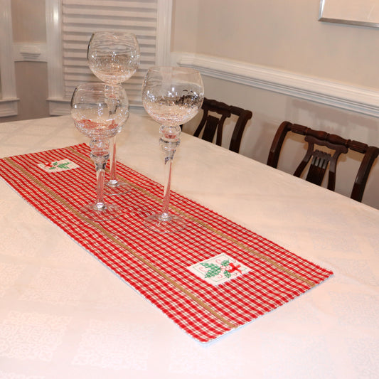 Red Table Runner Green Christmas Holly Embroidery