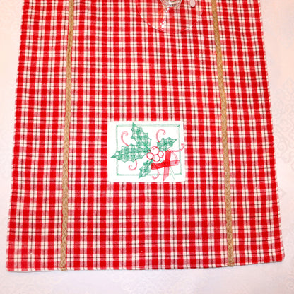 Red Table Runner Green Christmas Holly Embroidery