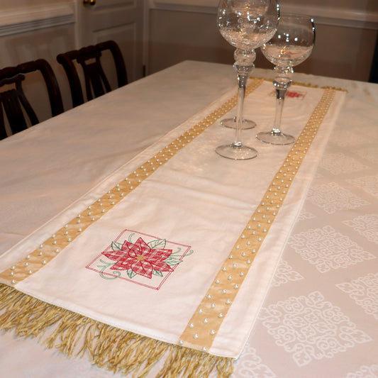 White Table Runner Christmas Red Poinsettia Embroidery