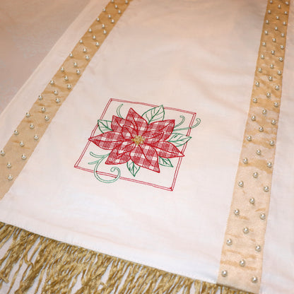White Table Runner Christmas Red Poinsettia Embroidery