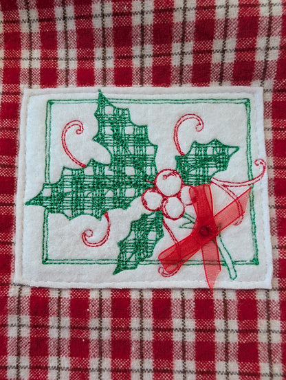 Red Table Runner Green Christmas Holly Embroidery