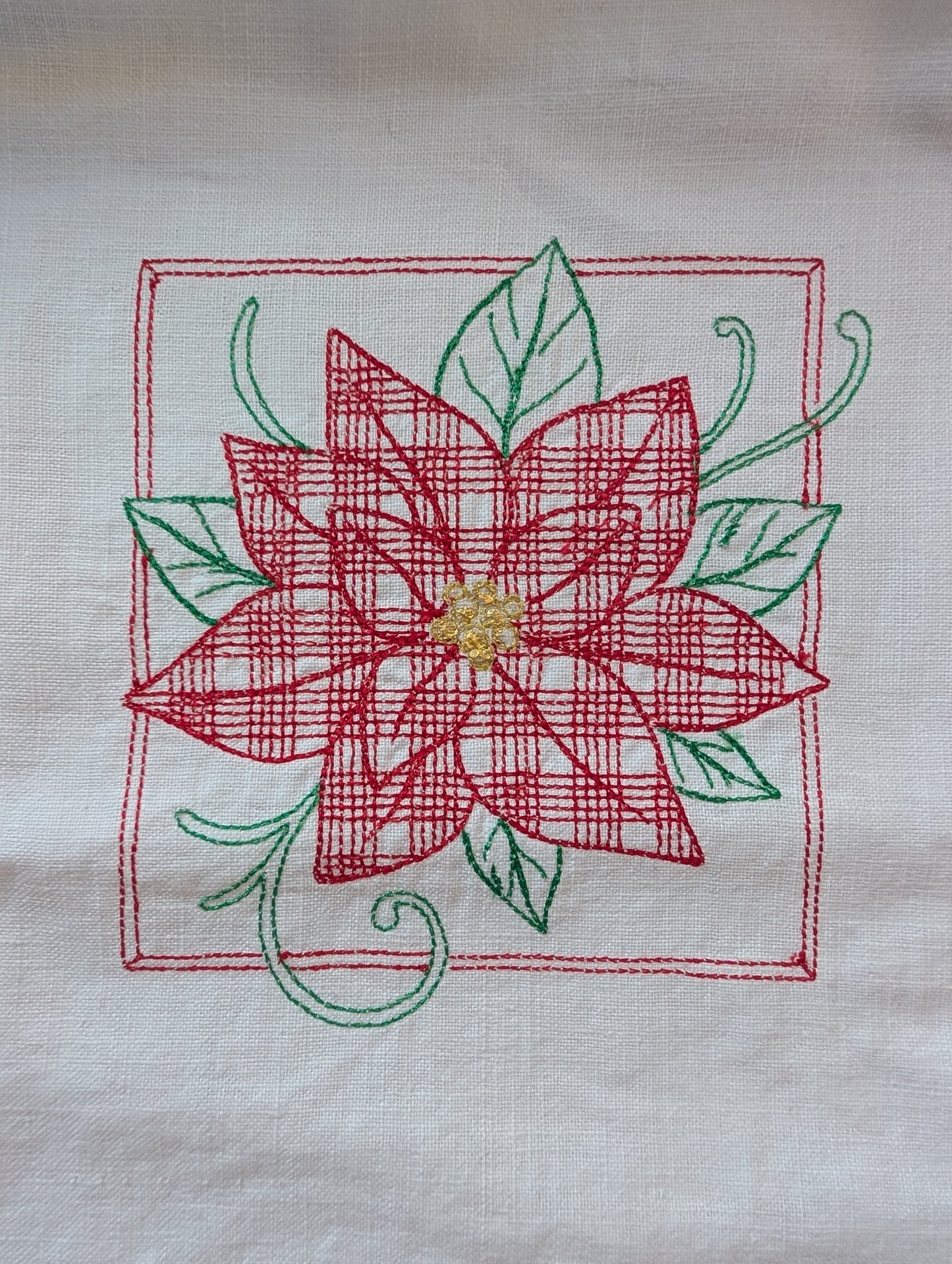 White Table Runner Christmas Red Poinsettia Embroidery
