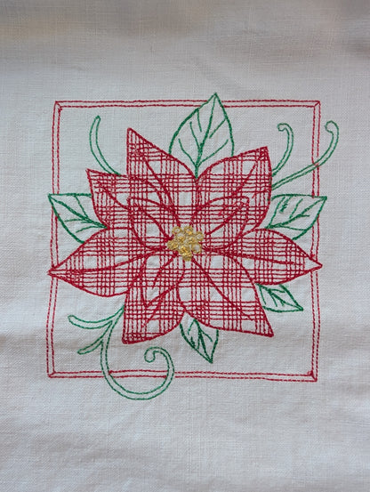 White Table Runner Christmas Red Poinsettia Embroidery