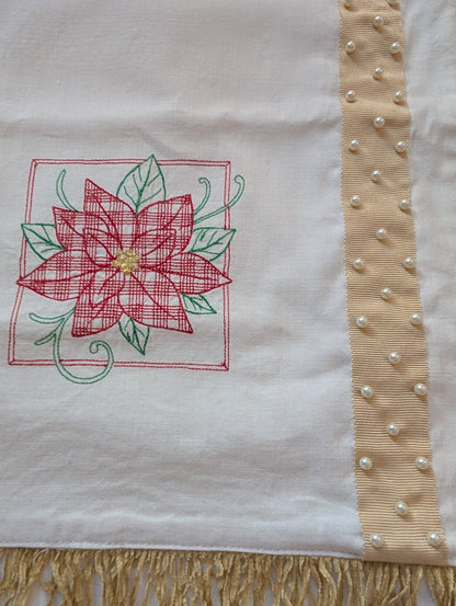 White Table Runner Christmas Red Poinsettia Embroidery