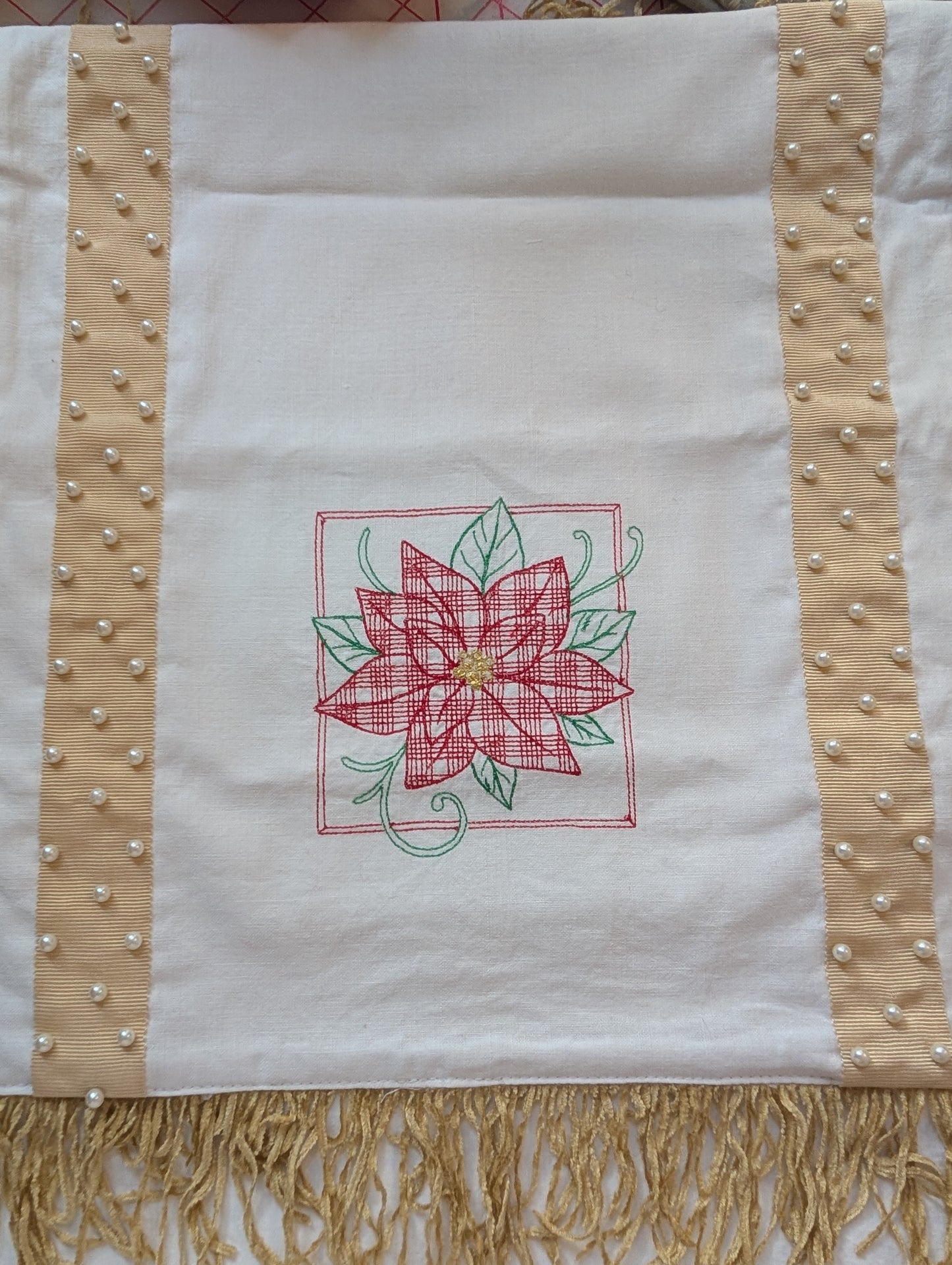 White Table Runner Christmas Red Poinsettia Embroidery