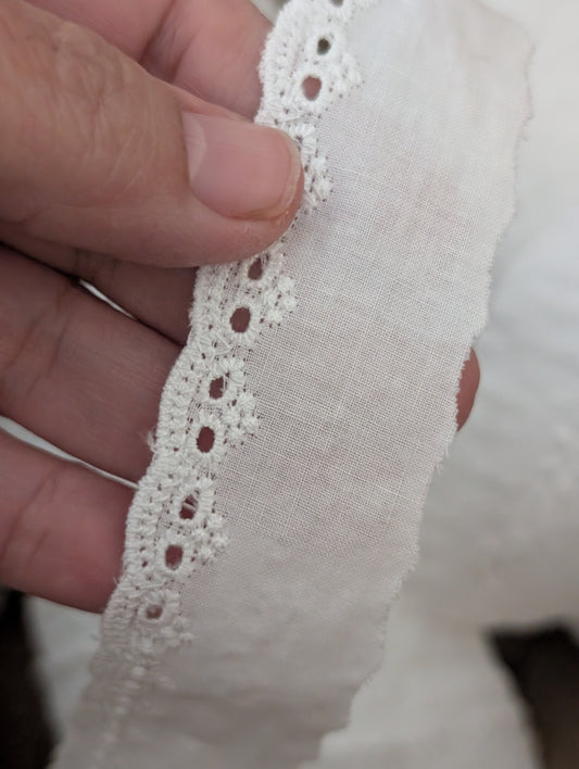 Close-up of white Martha Pullen Swiss cotton embroidery trim showing 3/8 inch delicate pattern for heirloom sewing