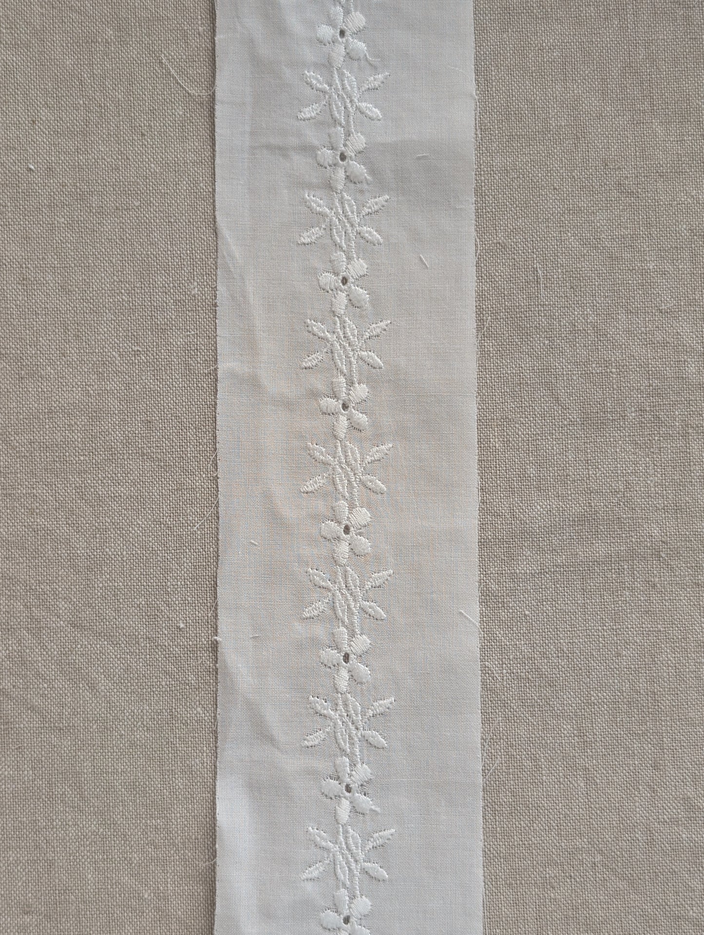 Close up cotton Swiss trim in white form Martha Pullen. It has a Floral motif vine with leaves embroidery going down the  middle. 