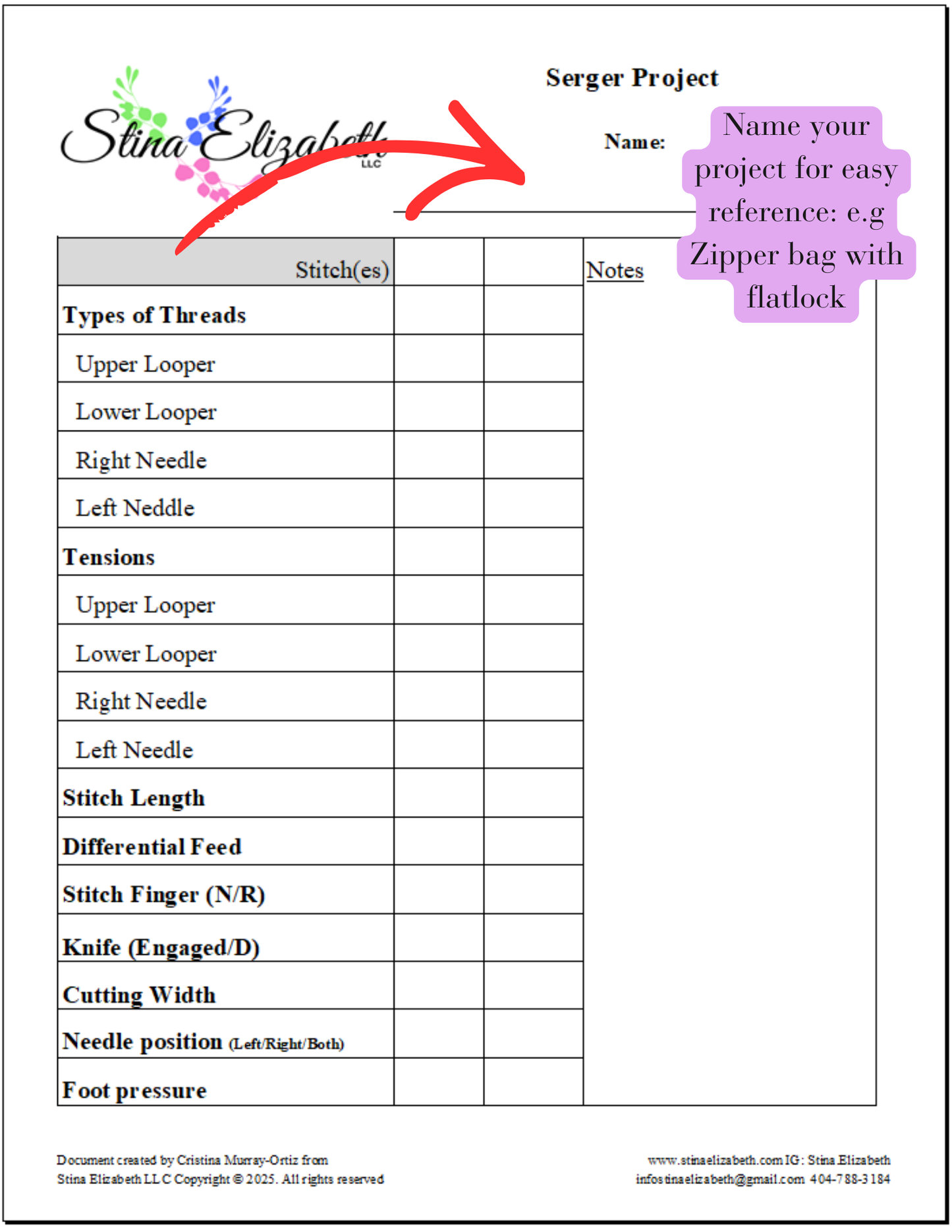Serger Sewing Project Template Printable