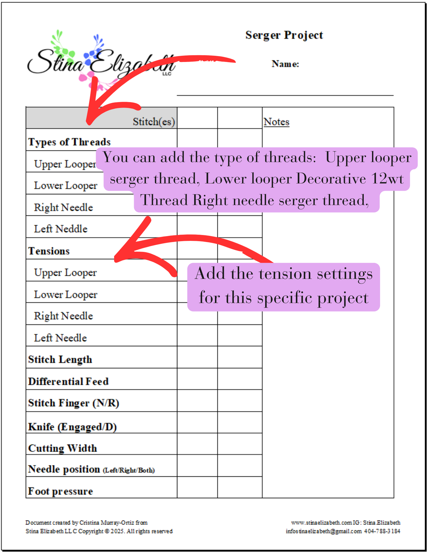 Serger Sewing Project Template Printable