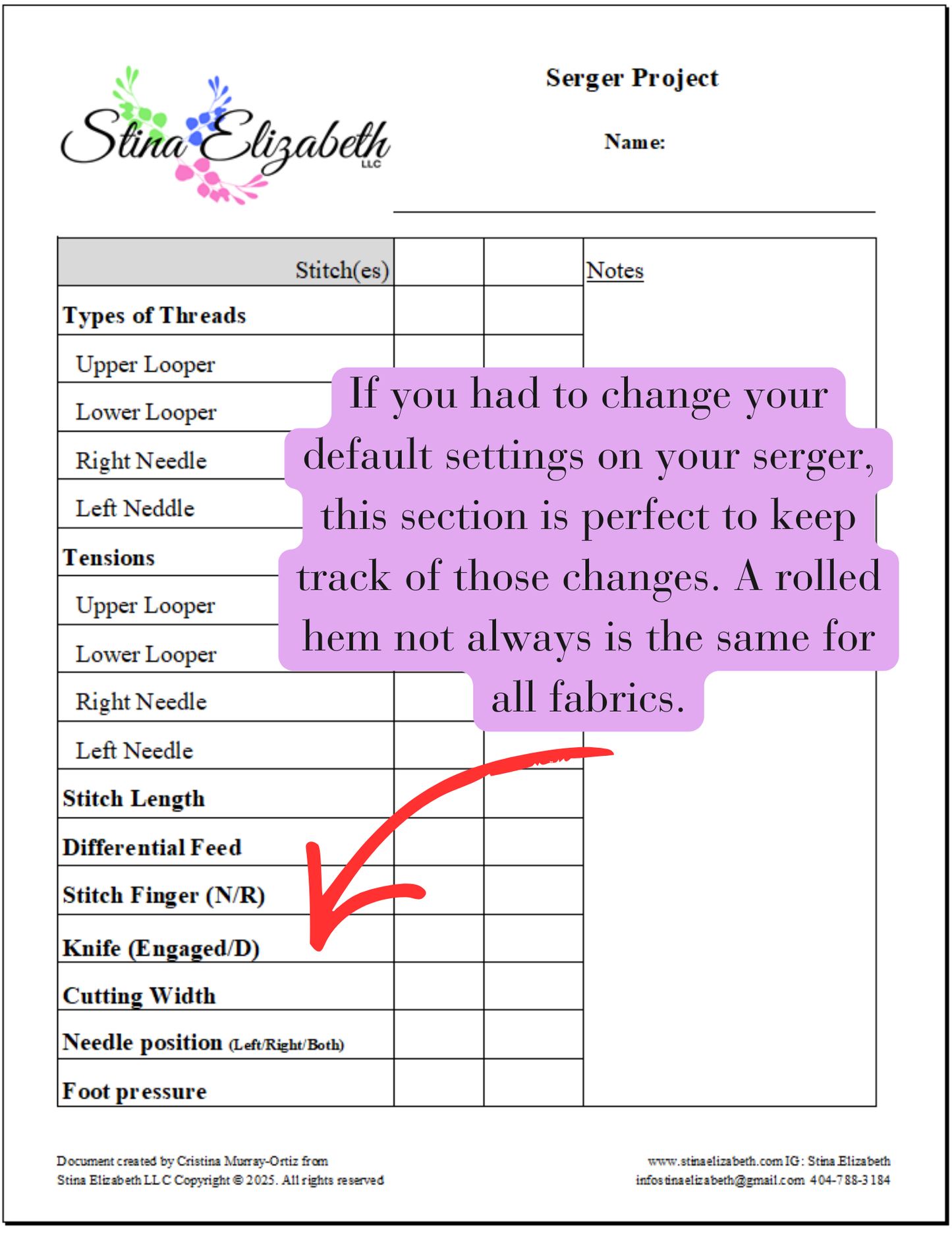 Serger Sewing Project Template Printable