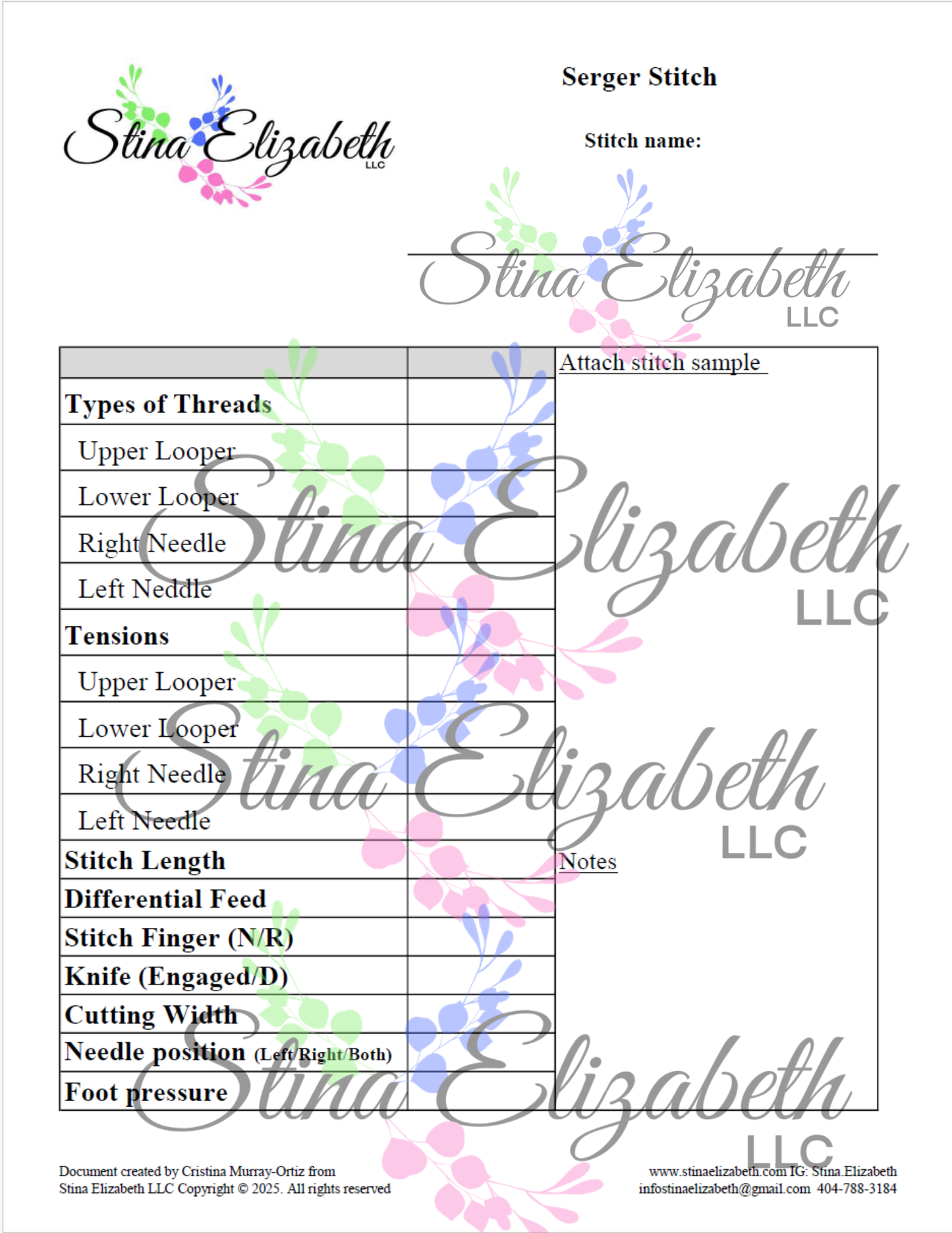 Serger Sewing Stitch Template- Printable