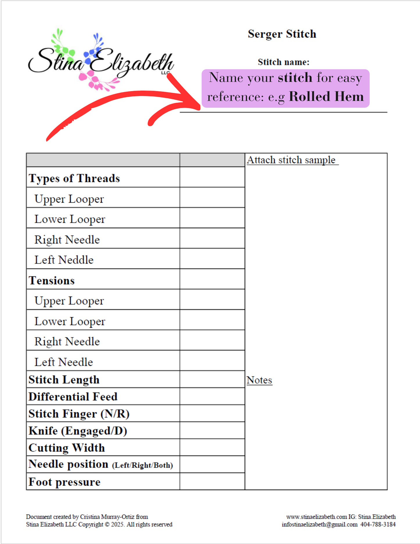Serger Sewing Stitch Template- Printable