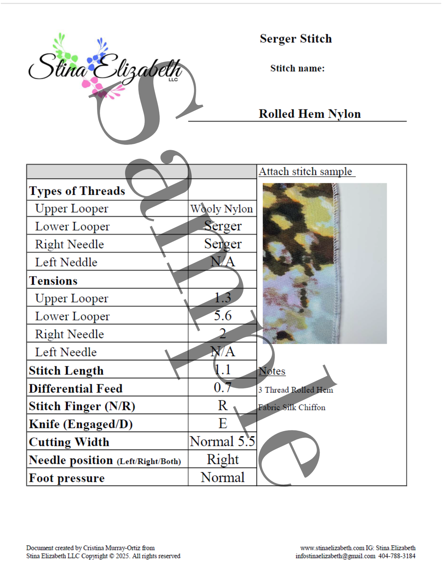 Serger Sewing Stitch Template- Printable