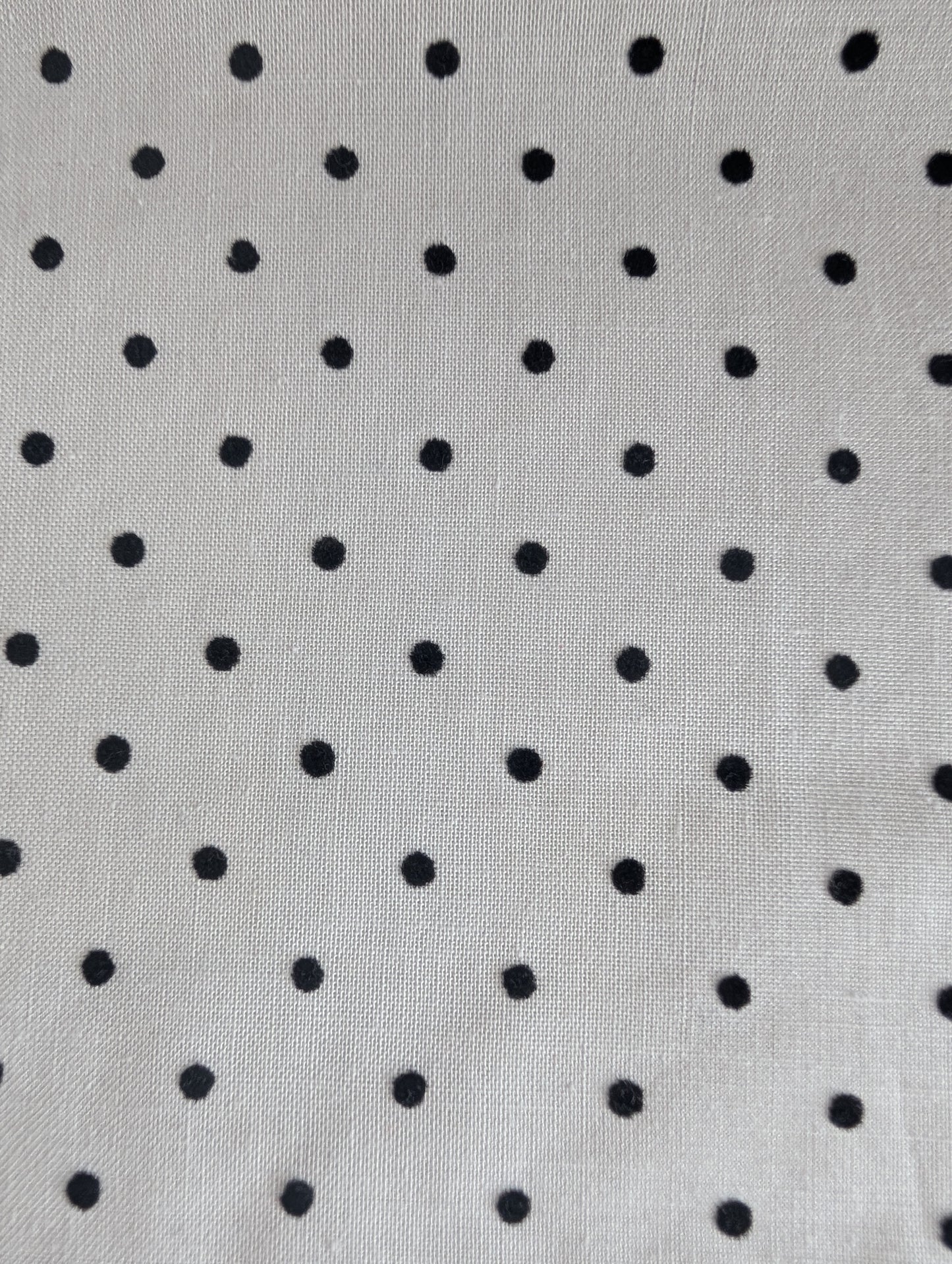 Close-up of fabric with black polka dots on a white background