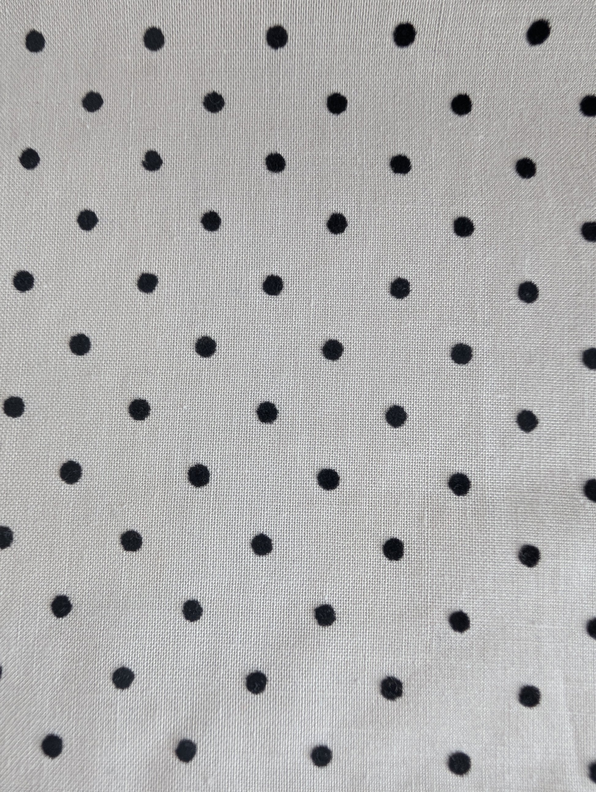 Close-up of fabric with black polka dots on a white background